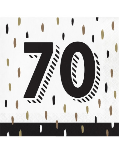Lot de 16 serviettes en papier jetables avec motifs noirs et dorés pour les 70 ans au format 33x33 cm