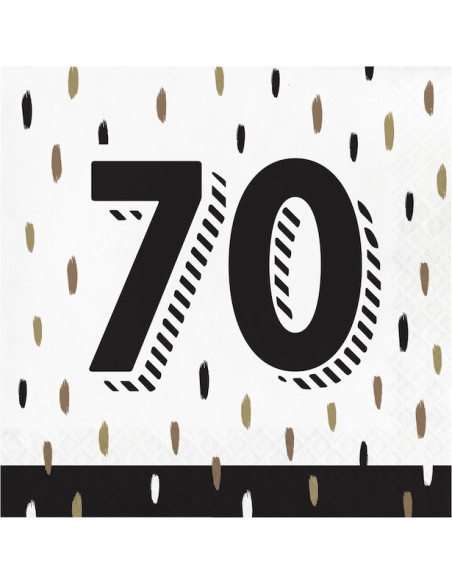 Lot de 16 serviettes en papier jetables avec motifs noirs et dorés pour les 70 ans au format 33x33 cm