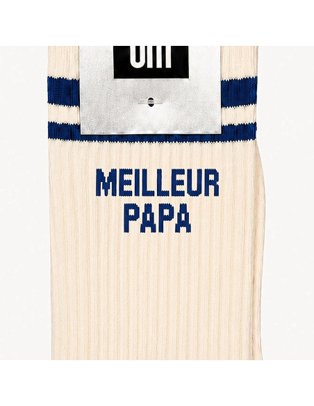 Herrensocken MEILLEUR PAPA weiss mit blauen Streifen | BelleFete.ch