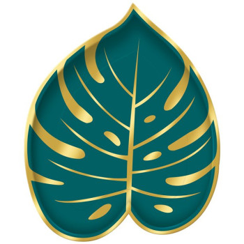Assiettes en forme de feuille tropicale vert et or sur fond crème