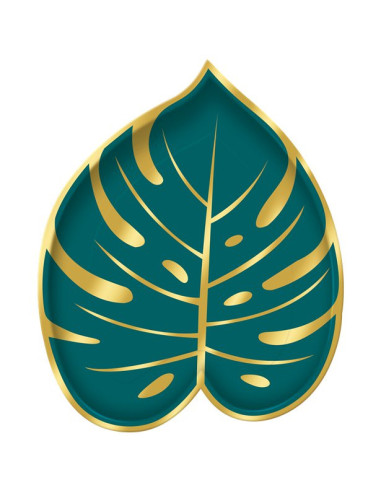 Assiettes en forme de feuille tropicale vert et or sur fond crème