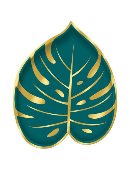 Assiettes en forme de feuille tropicale vert et or sur fond crème