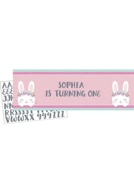 Riesiges rosa Banner zur Personalisierung des Hasenmädchens zum 1. Geburtstag