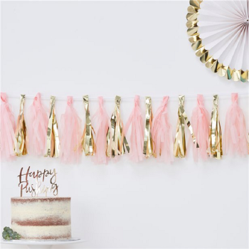 Ghirlanda con pompon Rosa e Oro - Decorazione festiva - Bellefete.ch - Svizzera