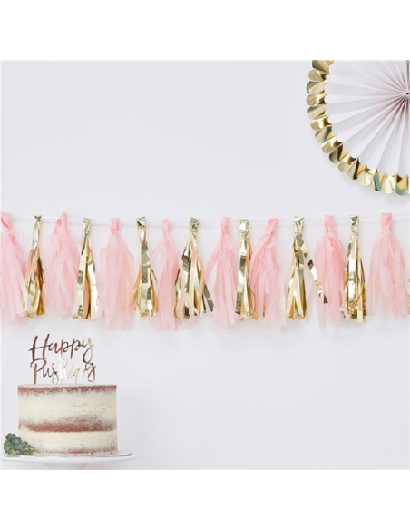 Girlande mit Pompons Rosa und Gold - Festliche Dekoration - Bellefete.ch - Schweiz