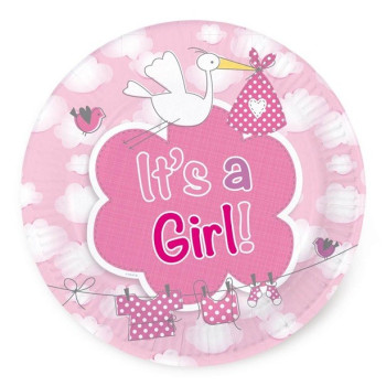 Assiettes cigogne rose c'est une fille - Bellefete.ch - Suisse - Baby Shower