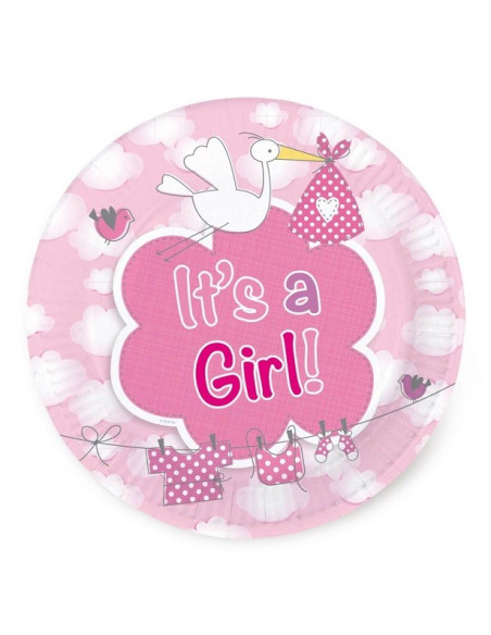 Assiettes cigogne rose c'est une fille - Bellefete.ch - Suisse - Baby Shower
