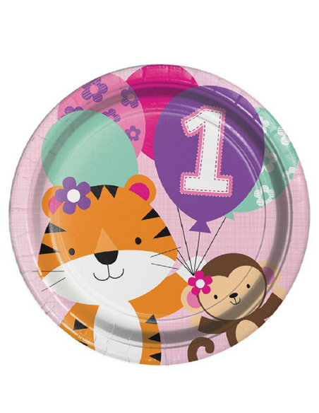 Assiettes 1er Anniversaire Fille & Animaux - Déco de fête premier anniversaire - Bellefete.ch - Suisse