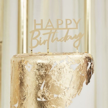 Tortendekoration „Happy Birthday“ in Gold – stilvolle Tortenaufsatz zum Geburtstag - Schweiz Shop BelleFete.ch