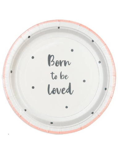 Assiettes à dessert "Born to be loved" rose - Baby Shower - Bellefete.ch