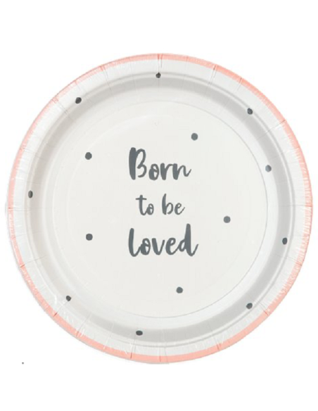 Assiettes à dessert "Born to be loved" rose - Baby Shower - Bellefete.ch