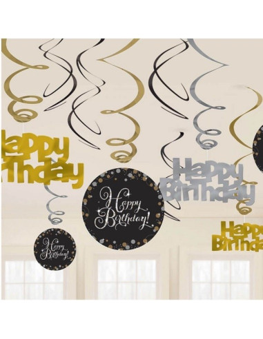 Décorations à suspendre Noir et Or “Joyeux Anniversaire” – fête adulte | BelleFete.ch