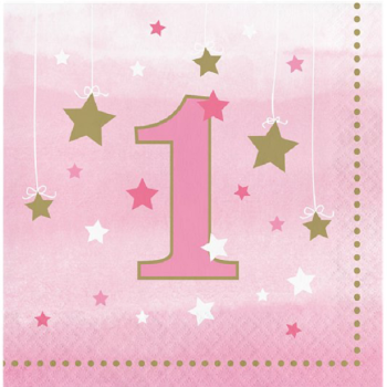 Serviettes de fête 1er Anniversaire Étoile Rose - Décoration anniversaire 1 an - Bellefete.ch