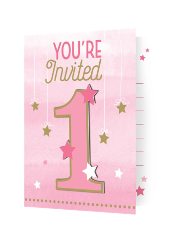 Cartes d'invitation de fête Petite Étoile Rose - Invitations 1 an bébé - Bellefete.ch