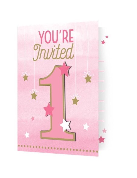Cartes d'invitation de fête Petite Étoile Rose - Invitations 1 an bébé - Bellefete.ch