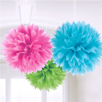 3 Seidenpapier-Pompons Rosa, Grün und Türkisblau - Farbige dekorative Pompons - Bellefete.ch