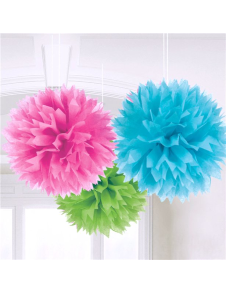 3 Pompons en papier de soie Rose, Vert et Bleu turquoise - Pompons décoratifs colorées - Bellefete.ch