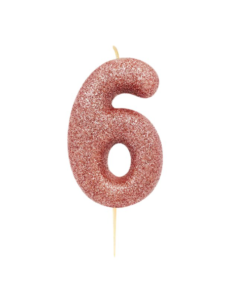 Rose Gold Kerze Nummer „6“ mit Glitzer – Geburtstagstorte Dekoration | BelleFete.ch
