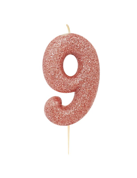 Candela Rose Gold numero “9” con paillettes – decorazione torta di compleanno | BelleFete.ch