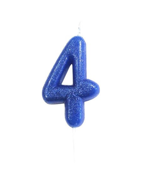 Candela di compleanno numero 4 Blu reale con paillettes su torta | BelleFete.ch