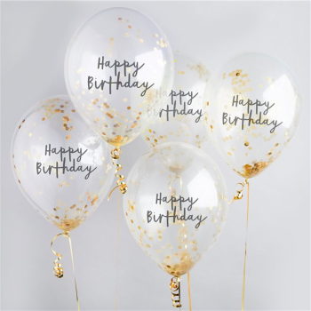 Happy Birthday Ballons mit goldenem Konfetti – elegante Geburtstagsdekoration | BelleFete.ch