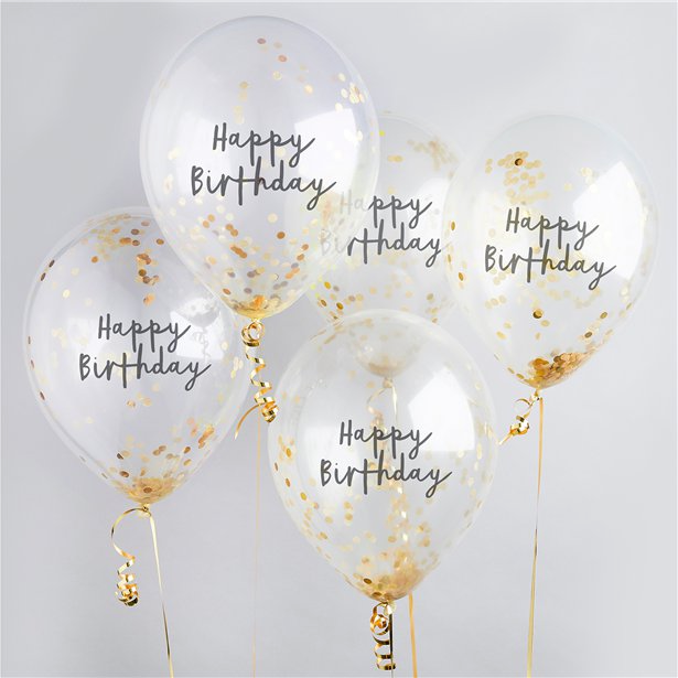 Ballons Happy Birthday à confettis Dorés