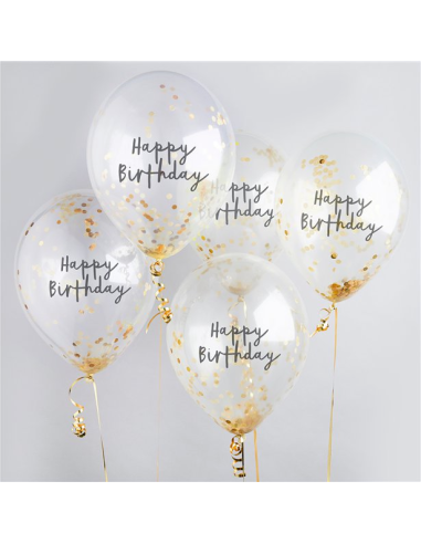 Happy Birthday Ballons mit goldenem Konfetti – elegante Geburtstagsdekoration | BelleFete.ch