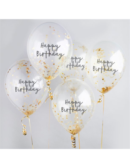 Happy Birthday Ballons mit goldenem Konfetti – elegante Geburtstagsdekoration | BelleFete.ch