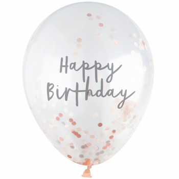 Alles Gute zum Geburtstag, roségoldene Luftballons mit Konfetti in der Schweiz