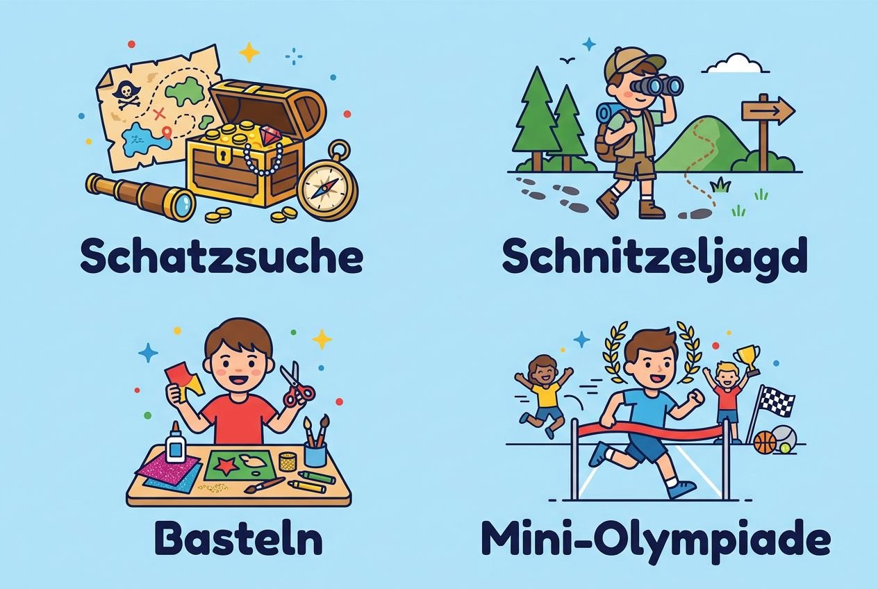 8 coole ideen für einen kindergeburtstag für jungs: Schatzsuche, Schnitzeljagd, Basteln, Mini-Olympiade : vier bildliche Vorschläge für aktive Ideen.