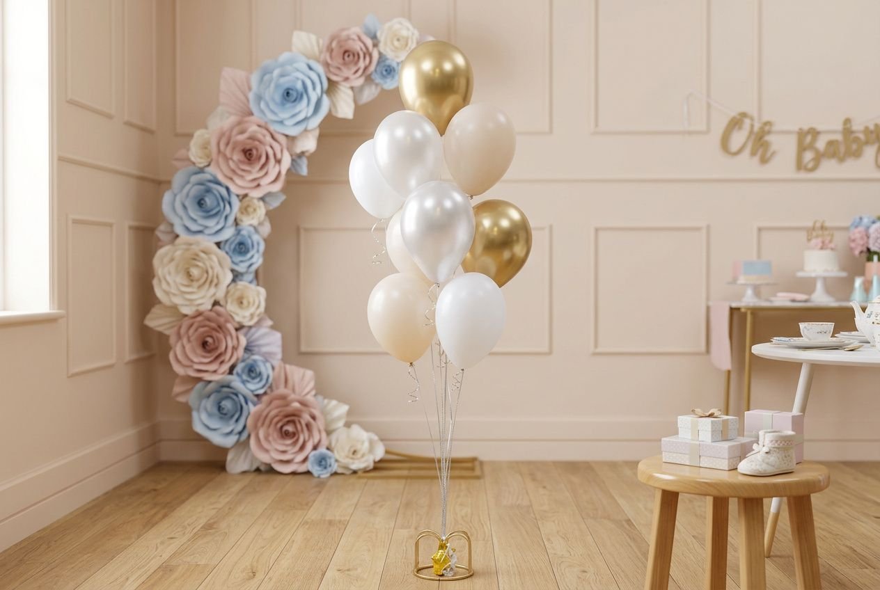 Arche ballon baby shower mixte assemblée avec sphères blanches et dorées au premier plan et guirlande de fleurs pastel en arc.
