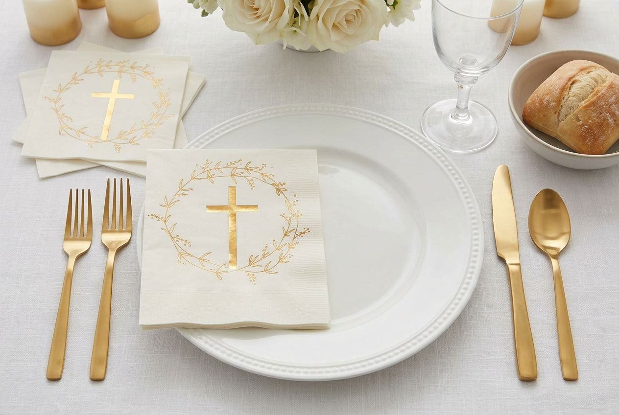 Assiette blanche avec couverts dorés, serviette portant une croix et motif floral; table élégante prête pour une fête.