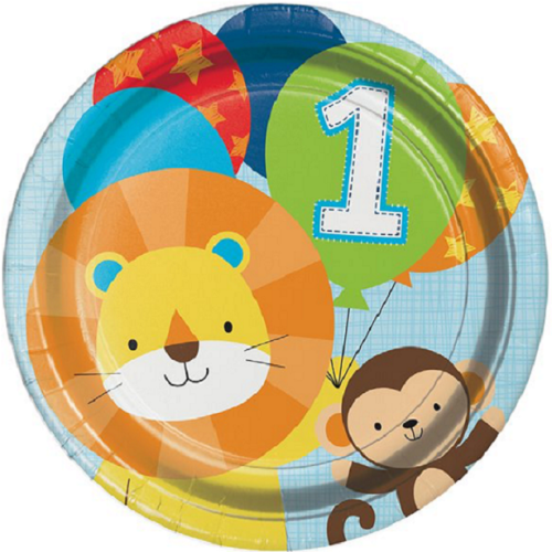 Ballons colorés avec un ours et un singe, thème premier anniversaire enfant.