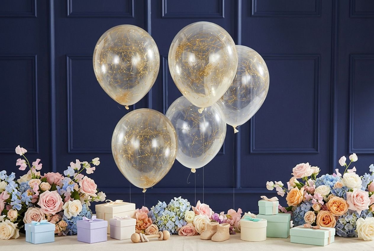 Ballons transparents à confettis dorés entourant des bouquets de fleurs pastel et petites boîtes cadeaux pour une decoration baby shower chic.