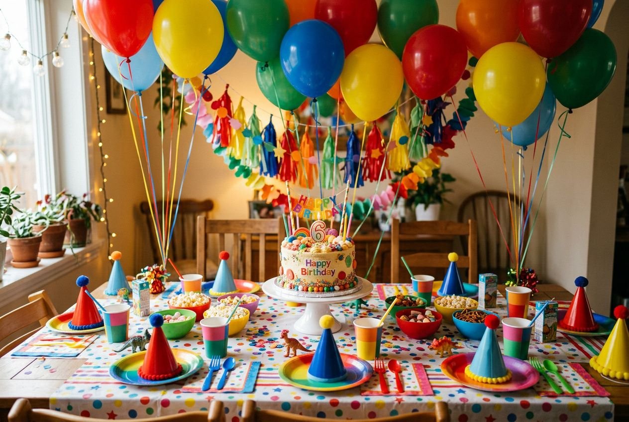 Bunter Kindergeburtstag mit Ballons und Konfetti, dekorierter Tisch, Geburtstagstorte und Partyhütchen : perfekte Deko für eine Kindergeburtstag dekoration wo kaufen.