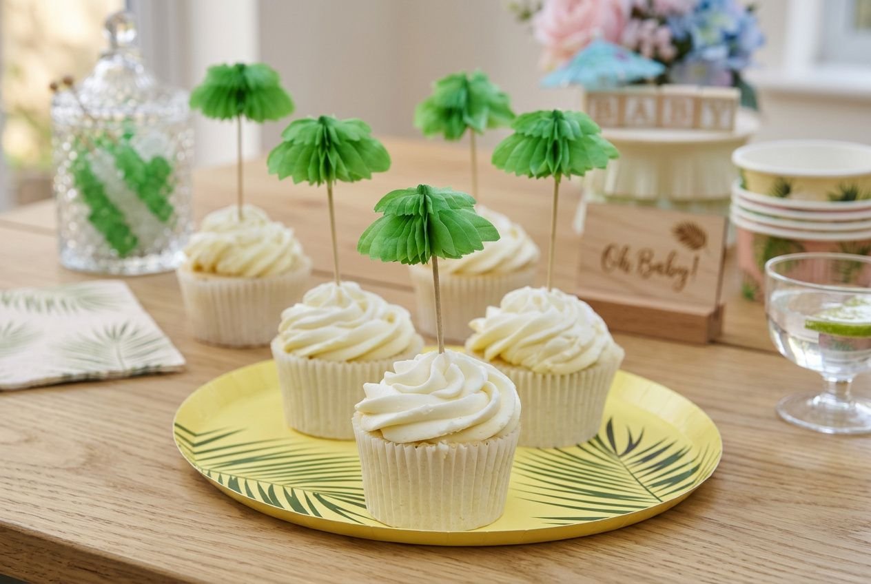 Cupcakes décorés avec des toppers en palmier vert sur une assiette jaune, ambiance baby shower avec décorations pastel sur la table.