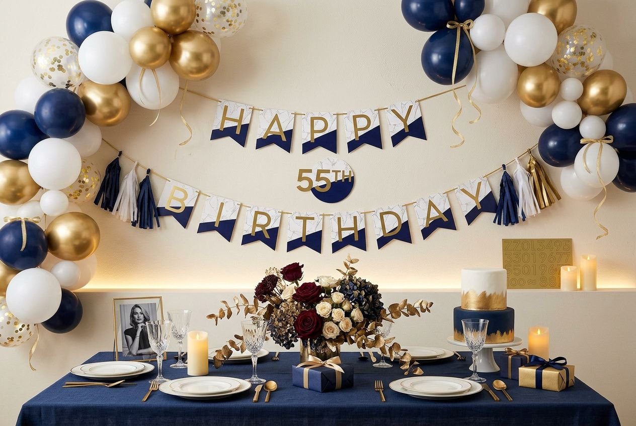 Décoration anniversaire adulte femme avec table élégante bleu et or, ballons et guirlandes “Happy Birthday” 55e, bouquet de fleurs et bougies.