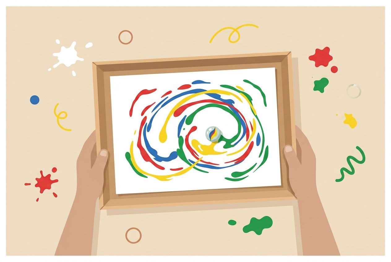 Farbenfrohes Malprojekt: Kindertafel mit spiralförmigem Farbmuster in bunten Pinselstrichen, von beiden Händen gehalten. leichte und schnelle bastelideen für kinder