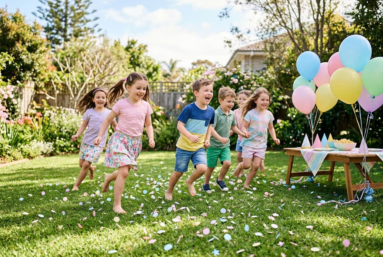 Gruppen junger Kinder rennen fröhlich über den Garten, Konfetti liegt auf dem Gras; bunte Ballons und eine Party-Ecke im Hintergrund. ideale Ideen für einen kindergeburtstag im freien.