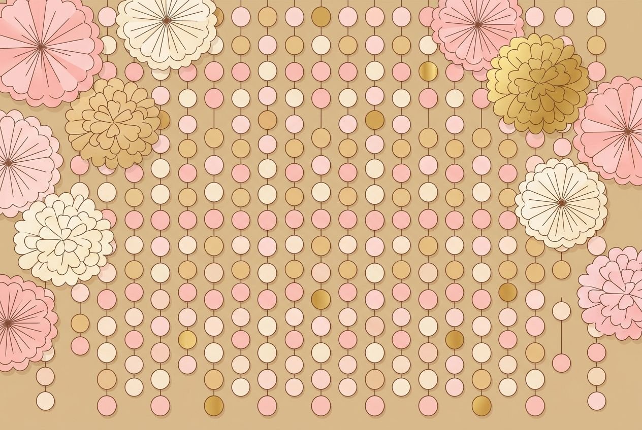 Hintergrund mit rosa, creme und beigen Blütenstern-Dekoelementen; hängende Perlenketten in ähnlichen Tönen, ideal für geburtstagsdeko erwachsene selber machen.