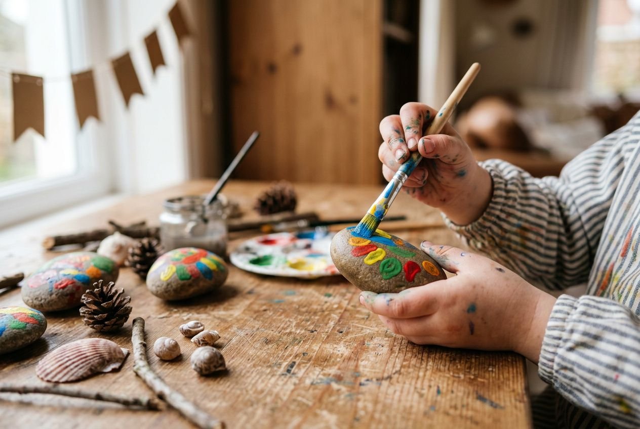 Kind beim Bemalen bemalter Stein mit bunten Mustern; im Hintergrund Farben, Pinsel, Muscheln und Naturmaterialien für einfache Bastelprojekte. leich­te und schnelle bastelideen für kinder