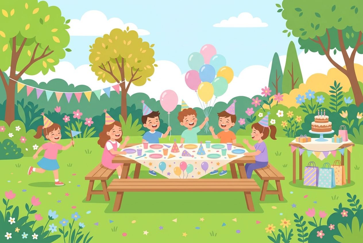 Kinder feiern draußen: fröhliche Geburtstagsszene mit Tisch, Kuchen, Luftballons und Partyhüten; grüne Wiese, Blumen, Bäume, Geschenke im Hintergrund.ideen für einen kindergeburtstag im freien integrieren.