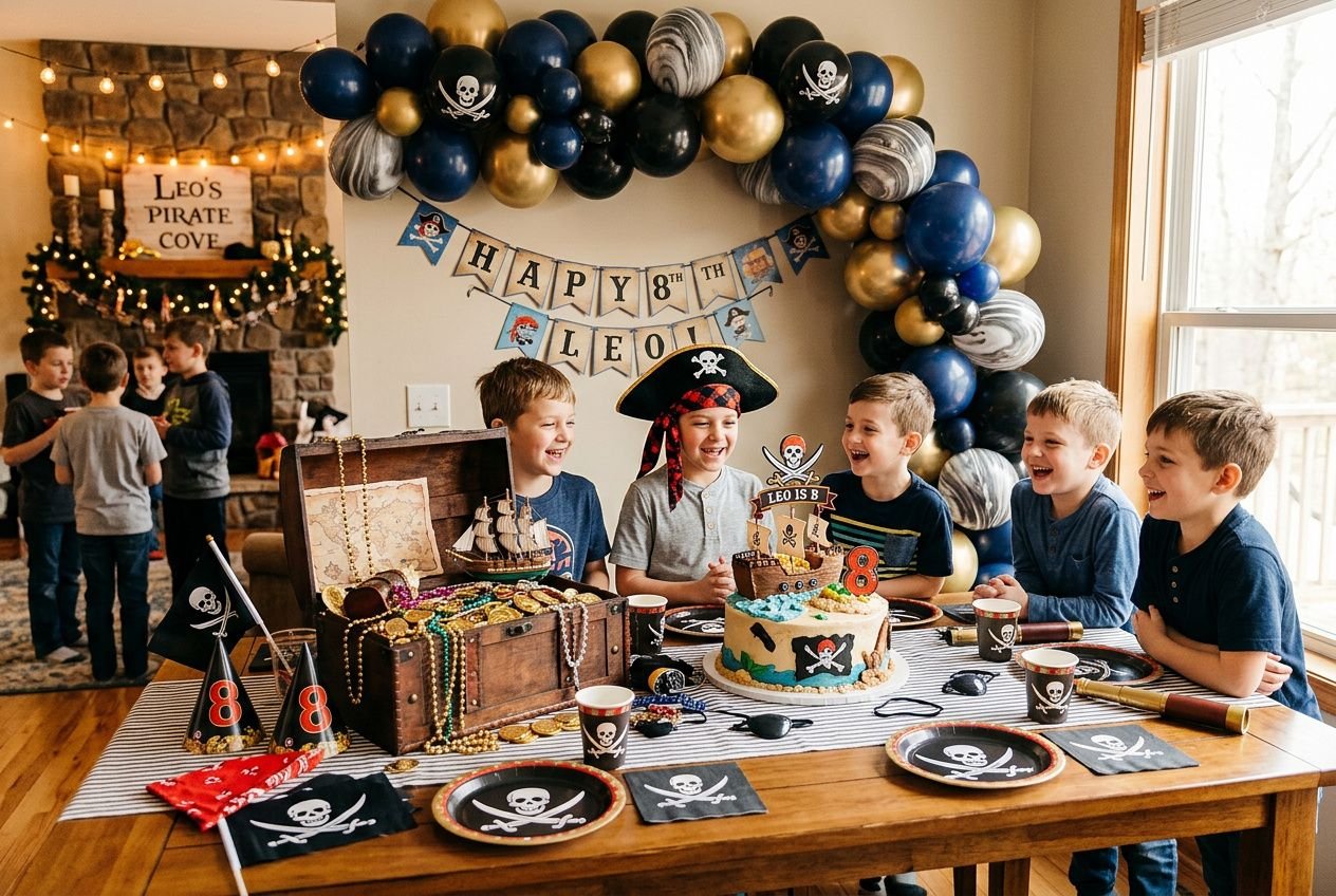 Kindergeburtstag mitPiraten-Thema: Junge feiern Geburtstag mit Kuchen, Piratenhut, Schatzkiste und passenden Dekos wie Banner, Ballons und Torwächter. 8 coole ideen für einen kindergeburtstag für jungs.