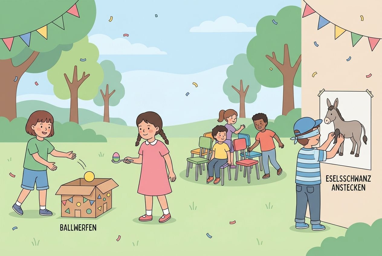Kinderparkt + Spielstationen auf einer Feierwiese: Ballwerfen, Schaum-Spiele, Kinderschar gruppiert, Pony-Figur an Wand, Wasserspiele, bunte Girlanden. wie lange sollte ein kindergeburtstag dauern integriert.