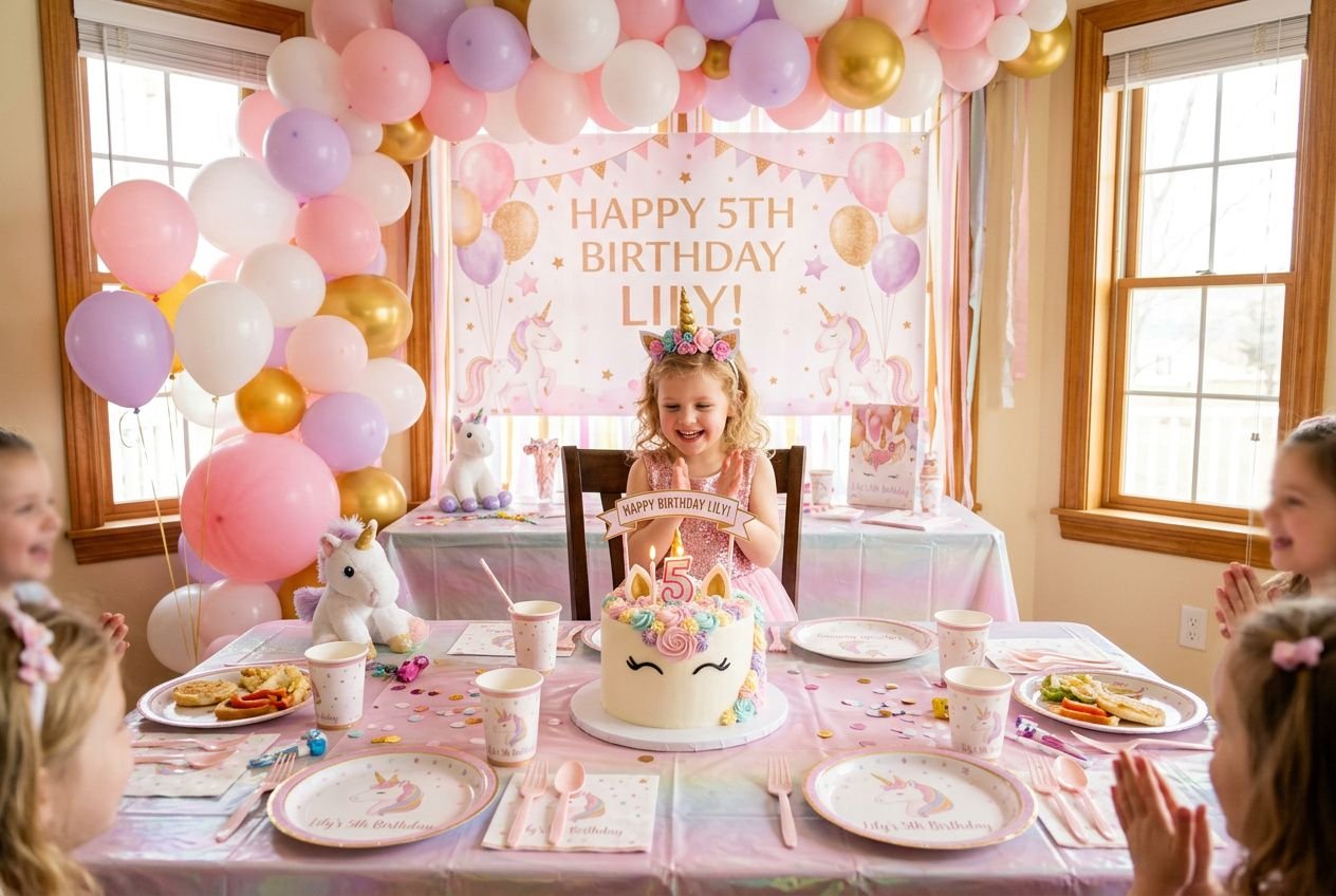 Ein Mädchen feiert Geburtstag mit pastellfarbener Deko, Ballonbögen und einer unicornen Geburtstagstorte, passend zu ideen für einen kindergeburtstag für mädchen.