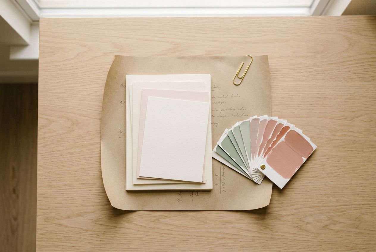 Schlichte DIY-Geburtstagsdeko für Erwachsene: Karten, Farbtöne-Sortiment und Notizpapier auf braunem Untergrund. Geburtstagsdeko erwachsene selber machen.