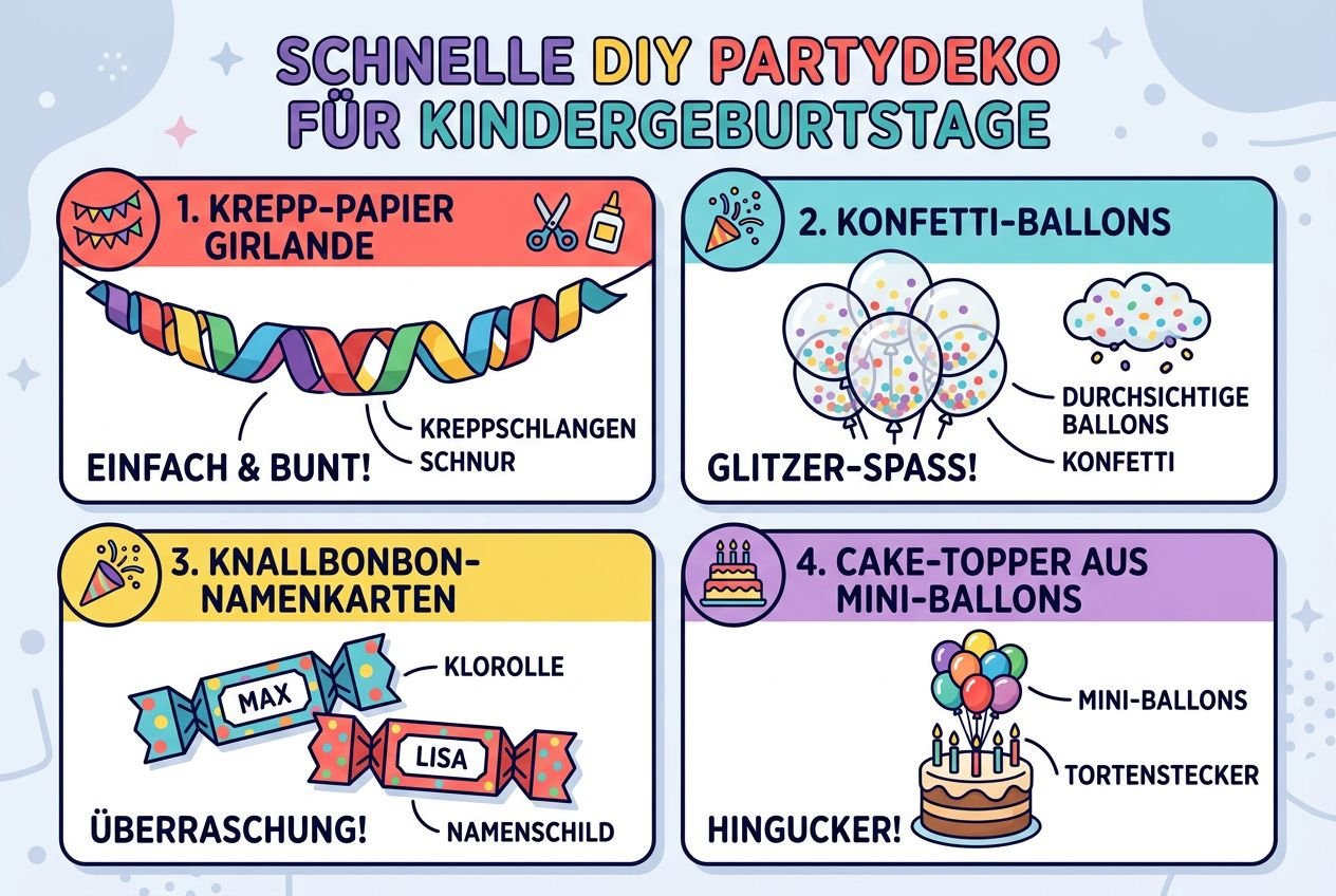 Schnelle DIY Partydeko für Kindergeburtstage : vier Anleitungen: Girlande, Konfetti-Ballons, Knallbonbon-Namenskarten und Cake-Topper aus Mini-Ballons.