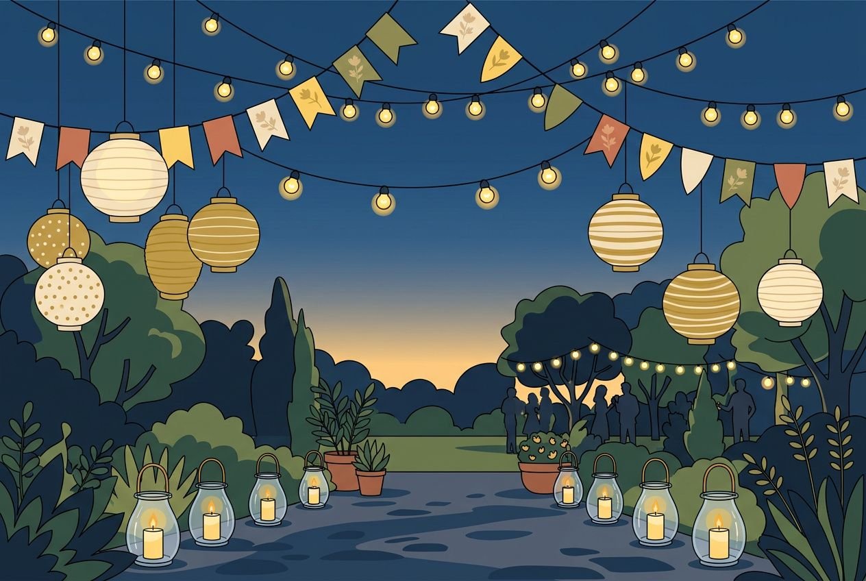 Stimmungsvolle Gartenparty-Deko: Lichterketten, Lampions und Laternen leuchten zwischen Büschen; tanzende Silhouetten im Abendlicht. deko-ideen für eine gartenparty