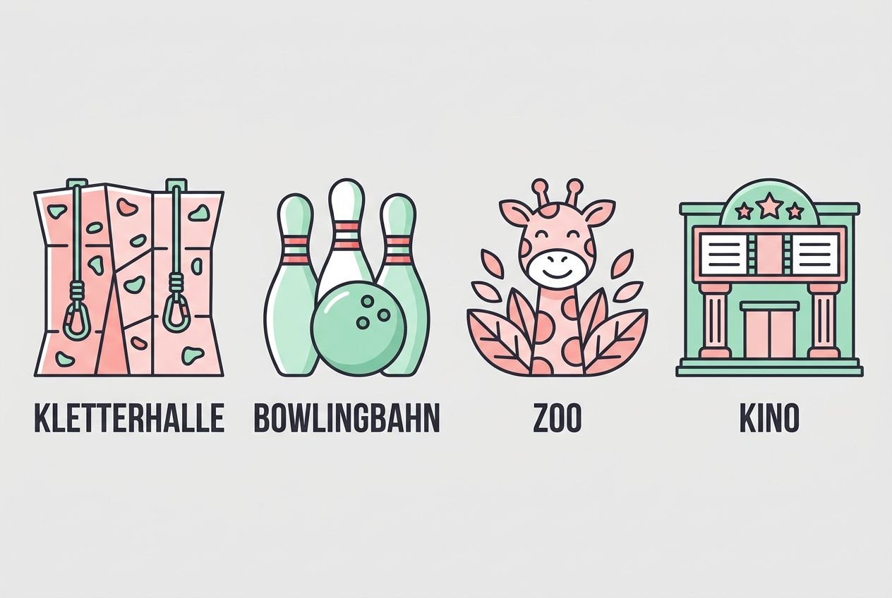 Verschiedene Kinderaktivitäten: Kletterhalle, Bowlingbahn, Zoo und Kino als Motive für einen kindergeburtstag für mädchen.