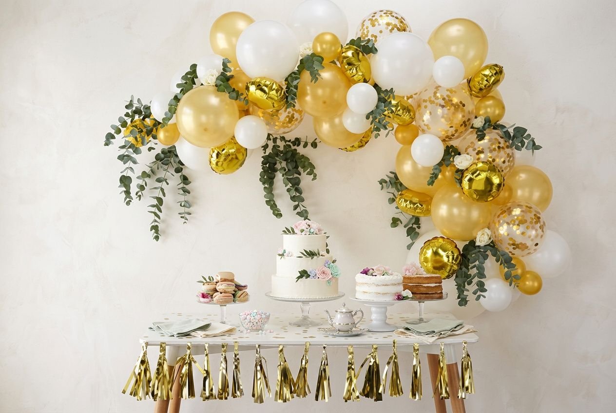 Arche ballon baby shower fille : décoration rose et dorée